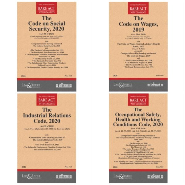 LJP's  New Labour Code Bare Acts Combo- Includes Code On Social Security, 2020, Industrial Relations Code, 2020, Code On Wages Act, 2019 And Occupational Safety, Health And Working Conditions Code Editon 2026
