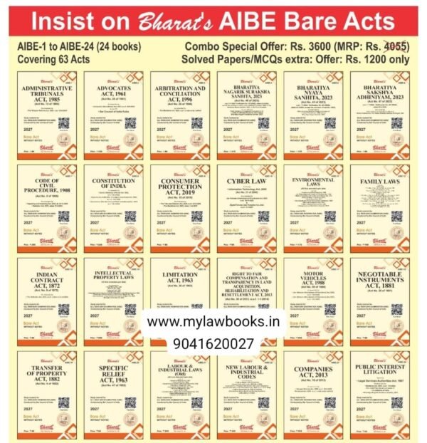 Bharat's Bare Acts Without Notes/Comments for AIBE Exam including  BNS, BNSS, BSA (24 Bare Acts) Edition 2027 (Excluding Old Criminal Laws)